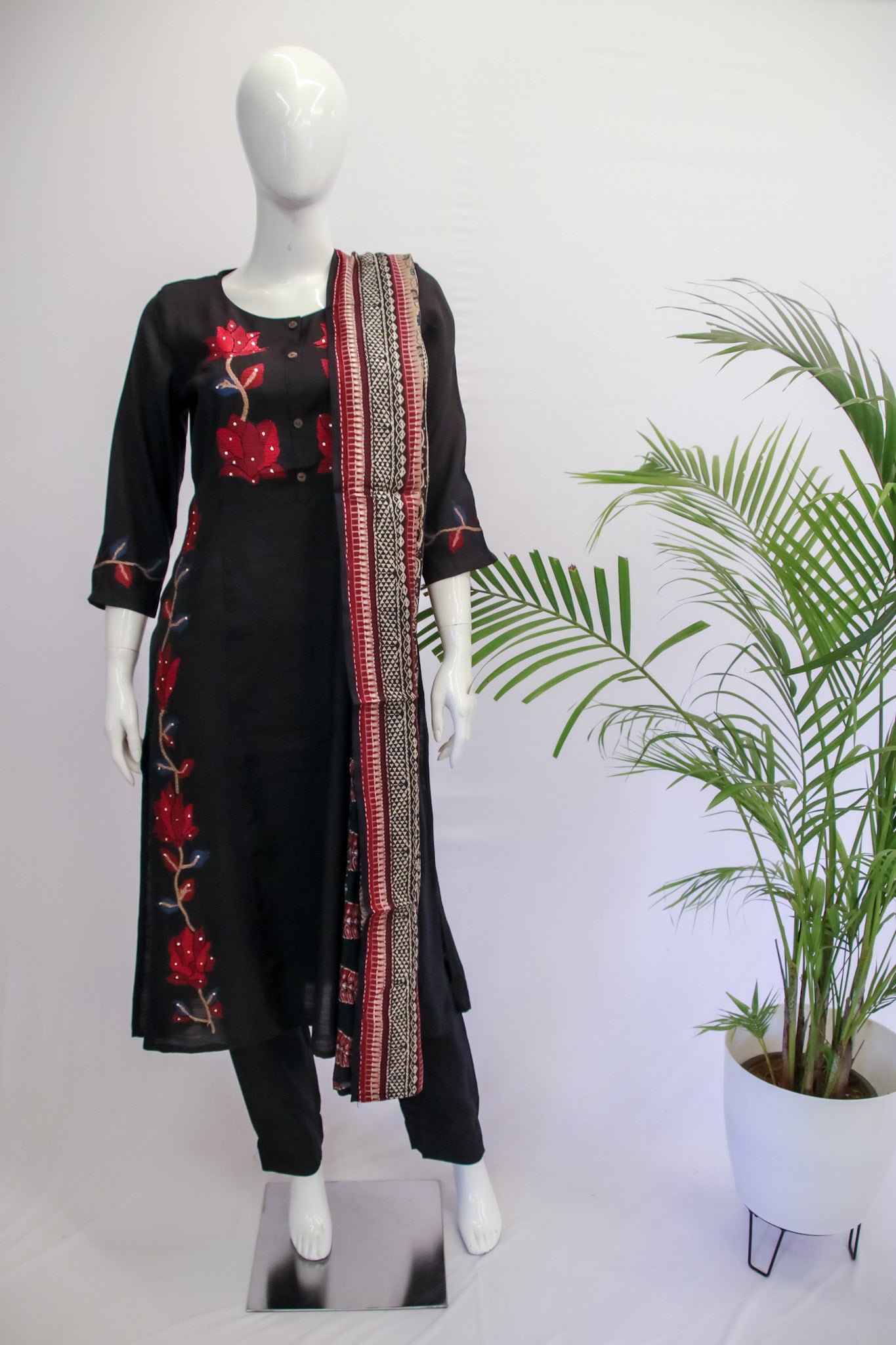 Black Muslin Cross Stitch Dupatta Set