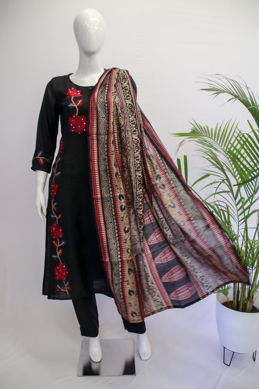 Black Muslin Cross Stitch Dupatta Set