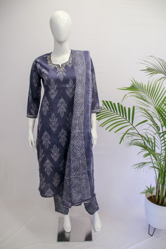 Cotton Navy Blue Dupatta Set