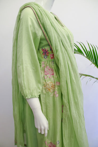Pastel Green Mul Cotton Anarkali Dupatta Set