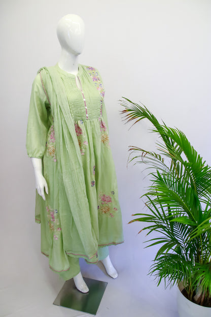 Pastel Green Mul Cotton Anarkali Dupatta Set