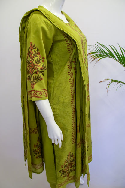 Green Cotton Printed Dupatta Set