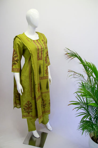 Green Cotton Printed Dupatta Set