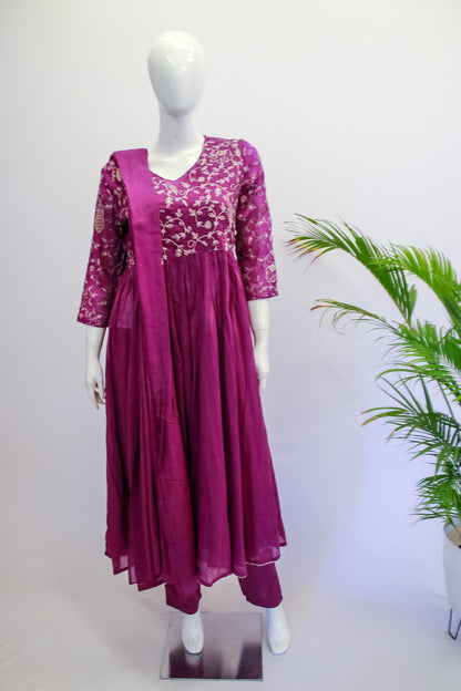 Cotton Purple Anarkali Dupatta Set