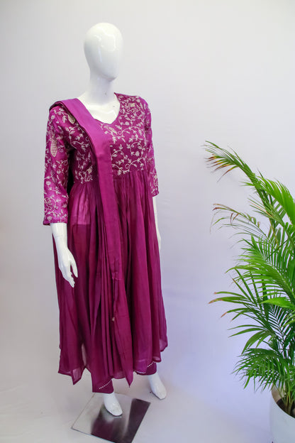 Cotton Purple Anarkali Dupatta Set