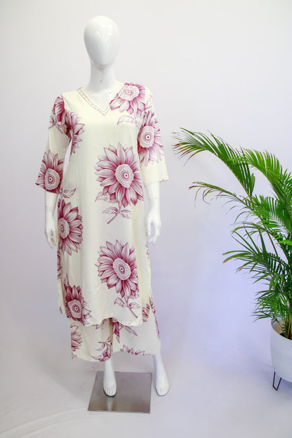 Rayon White & Pink Floral Top and Pant Set