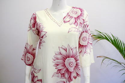 Rayon White & Pink Floral Top and Pant Set