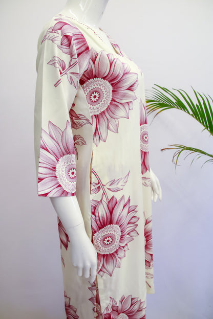 Rayon White & Pink Floral Top and Pant Set