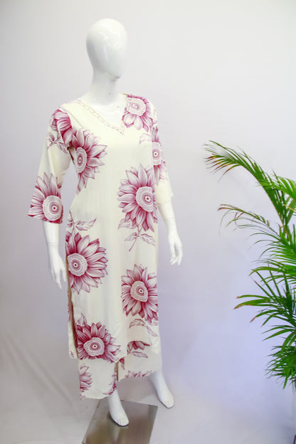 Rayon White & Pink Floral Top and Pant Set