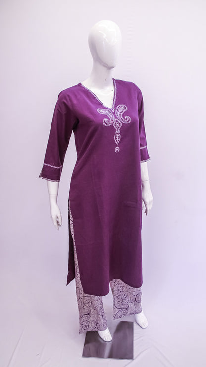 Plum Embroidered Kurta & Printed Pant Set