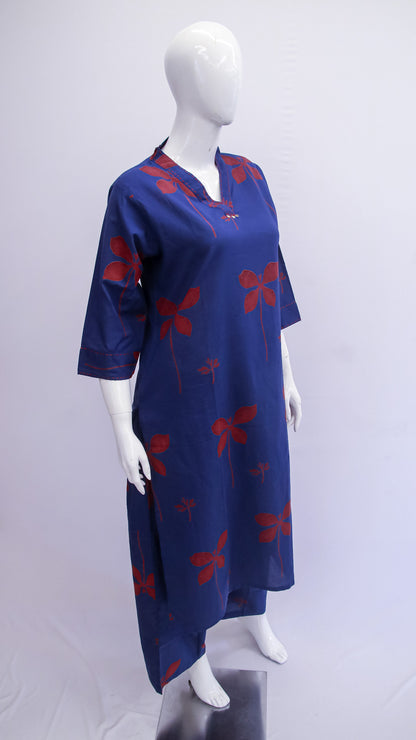 Royal Blue Floral Print Kurta Pant Set
