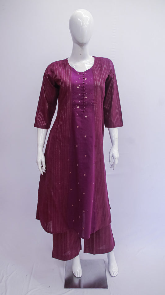 Mannequin wearing a purple outfit with a white background