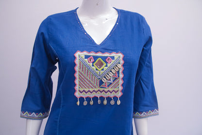 Royal Blue Embroidered Cotton Kurta Set