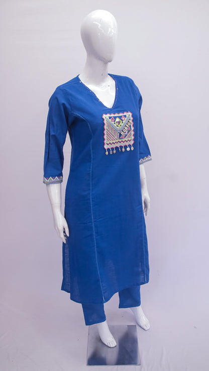 Royal Blue Embroidered Cotton Kurta Set