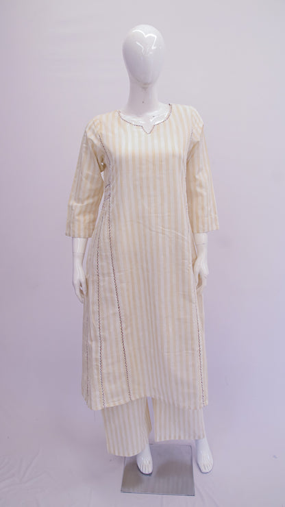 A-Line Striped Cotton Kurta Set – Ivory