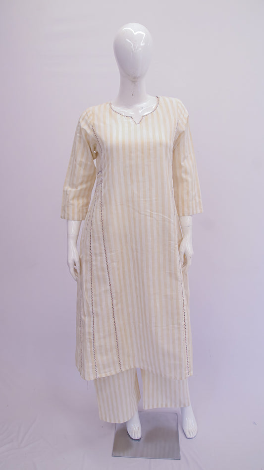 A-Line Striped Cotton Kurta Set – Ivory