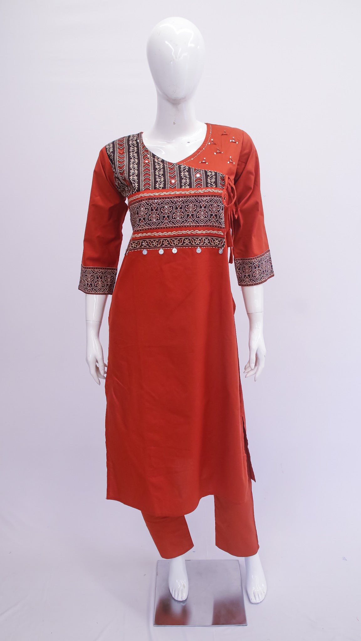 Rust Red Printed Cotton Kurti Set with Tie-Up Detail