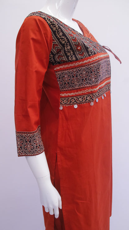 Rust Red Printed Cotton Kurti Set with Tie-Up Detail