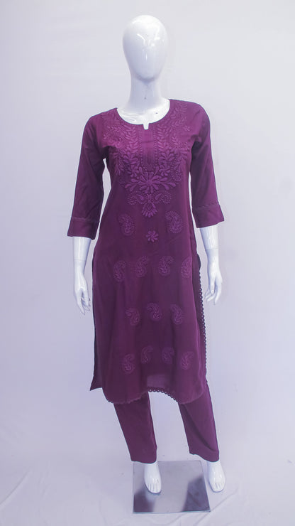 Purple Chikankari Straight-Cut Cotton Kurti