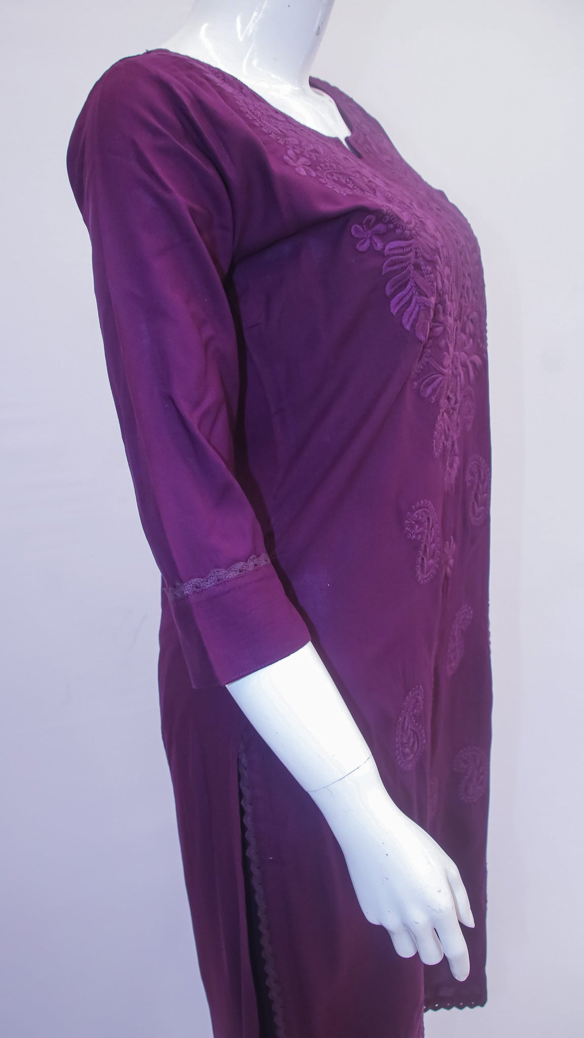Purple Chikankari Straight-Cut Cotton Kurti