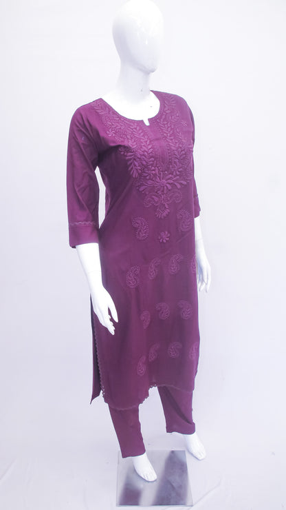 Purple Chikankari Straight-Cut Cotton Kurti