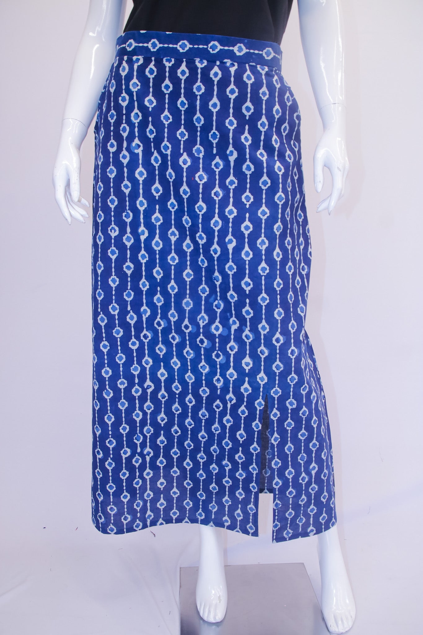 Indigo Blue Printed Cotton Straight Skirt