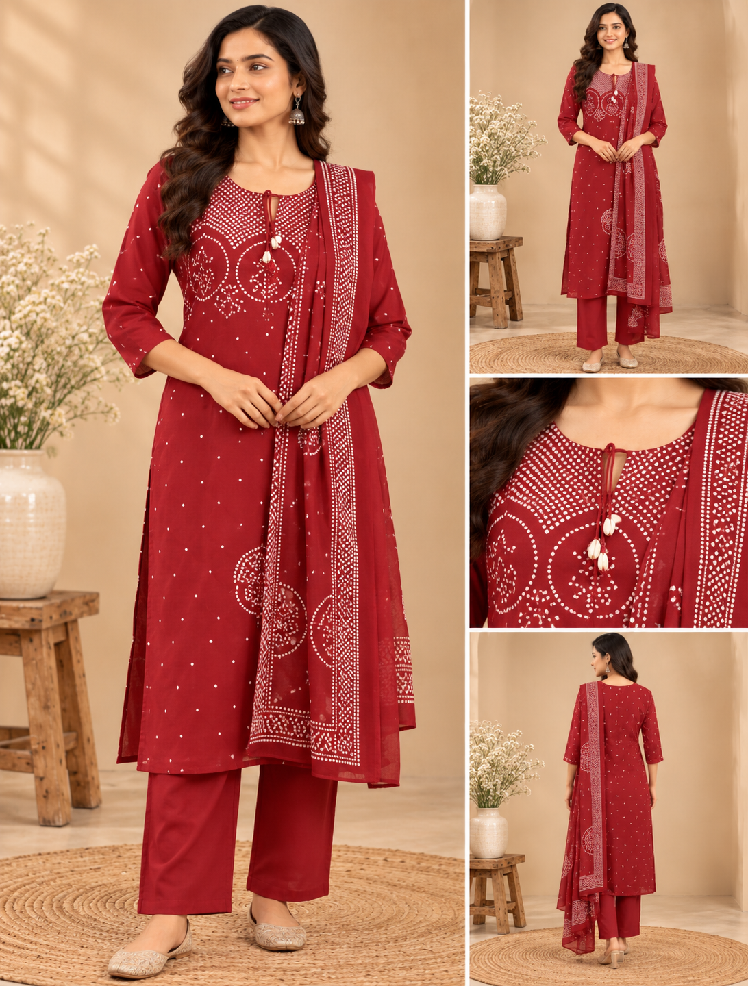 Red cotton Bandhani-print kurta pant set with white motifs, tassel neckline and matching printed dupatta.