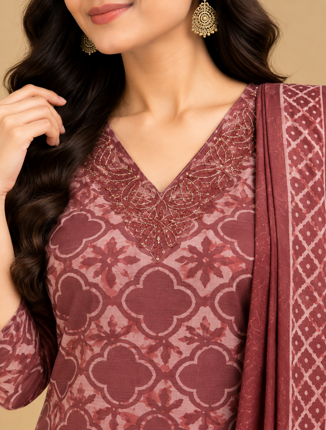 Maroon floral printed cotton salwar set with embroidered V-neckline, matching pants and printed dupatta