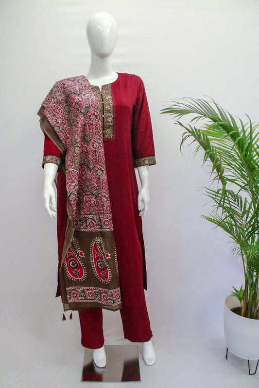Maroon Ajrakh Dupatta Set