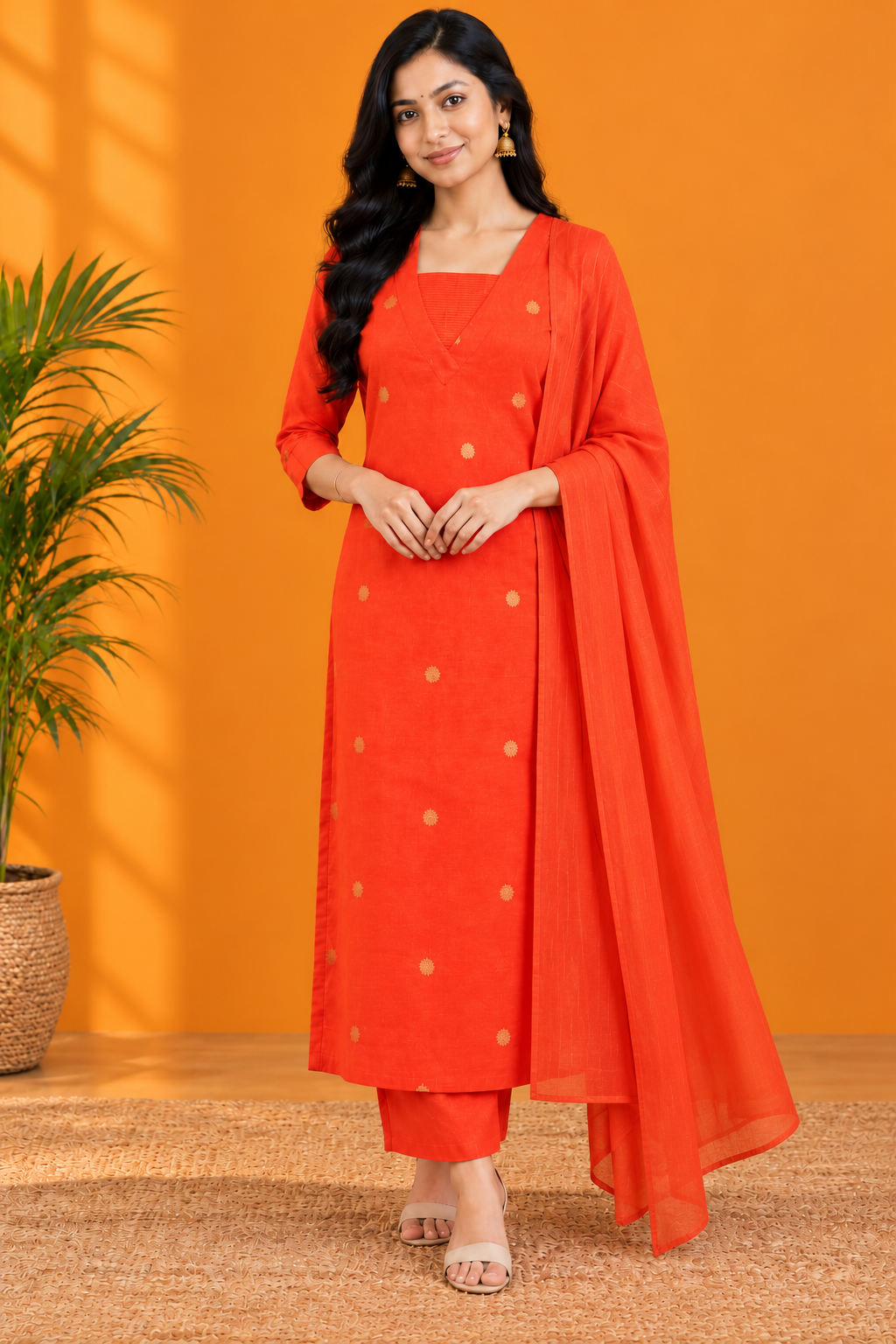 Orange kurta pant set with golden motifs, round neckline, matching striped pants and striped dupatta with tassel details.