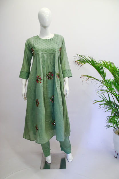 Mul Cotton Green Top and Pant Set