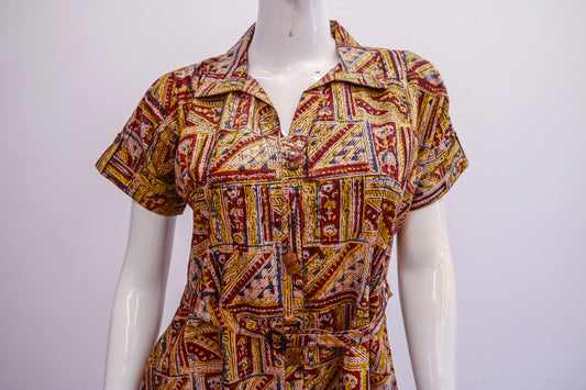 Mannequin wearing a patterned shirt with a white background
