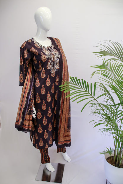 Muslin Ink Blue Dupatta Set