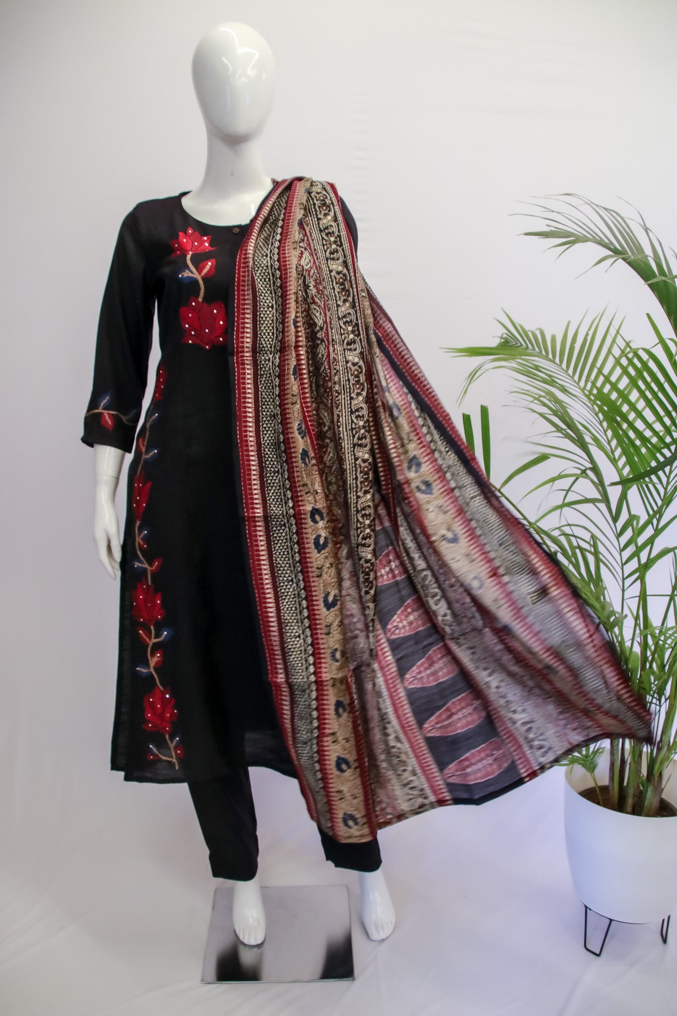 Black Muslin Cross Stitch Dupatta Set