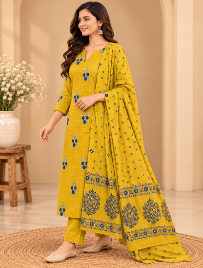 Mustard yellow kurta pant set with blue and cream floral prints and matching dupatta featuring a decorative border.
