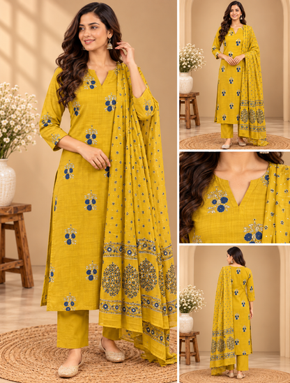 Mustard yellow kurta pant set with blue and cream floral prints and matching dupatta featuring a decorative border.