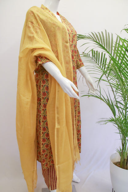 Mustard Cotton  Floral Dupatta Set