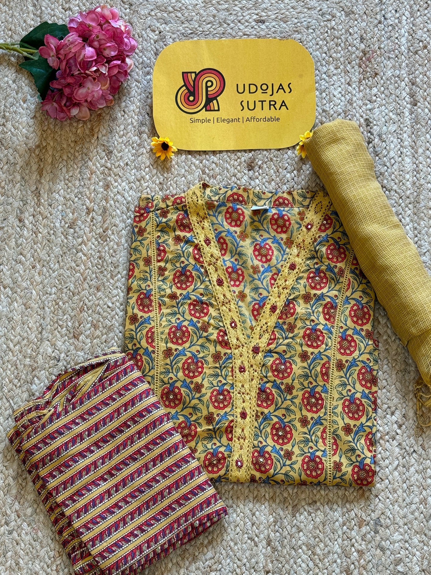 Mustard Cotton  Floral Dupatta Set