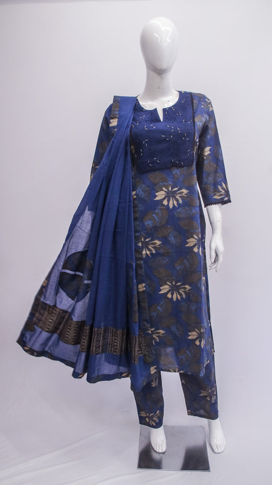 Navy blue floral dress with matching dupatta on a mannequin against a white background