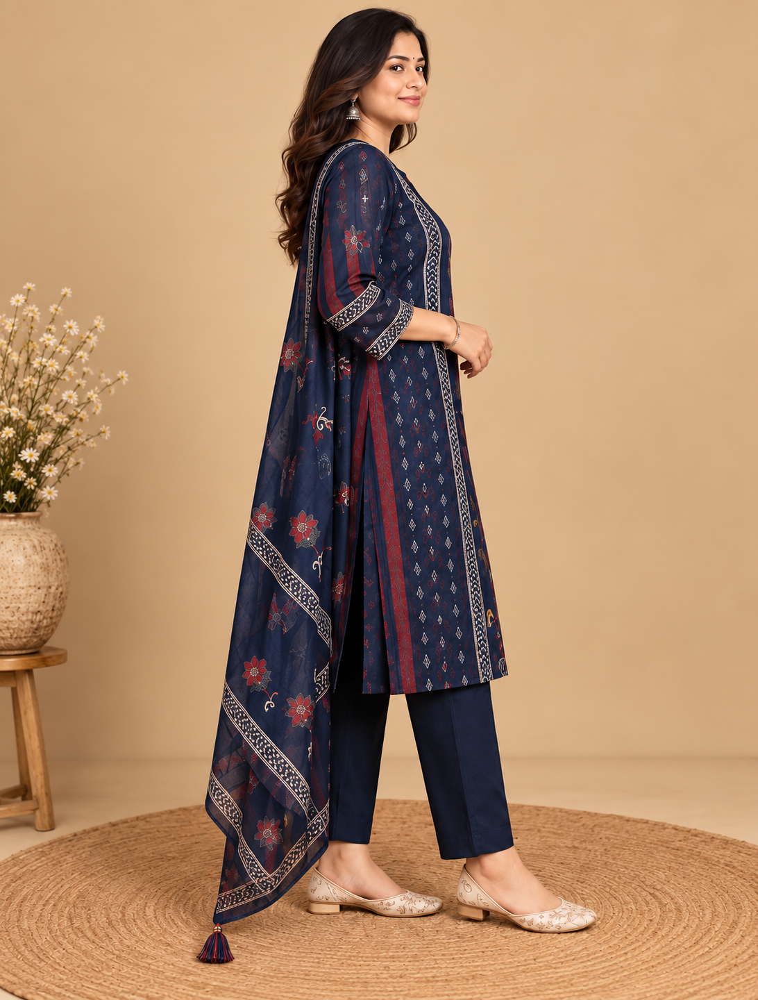Navy blue kurta pant set with traditional floral motifs, decorative printed borders, matching pants and maroon striped dupatta with tassels, displayed on a female model.