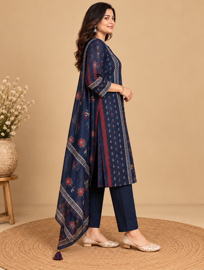 Navy blue kurta pant set with traditional floral motifs, decorative printed borders, matching pants and maroon striped dupatta with tassels, displayed on a female model.