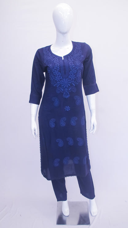Navy blue embroidered kurta on a mannequin against a white background