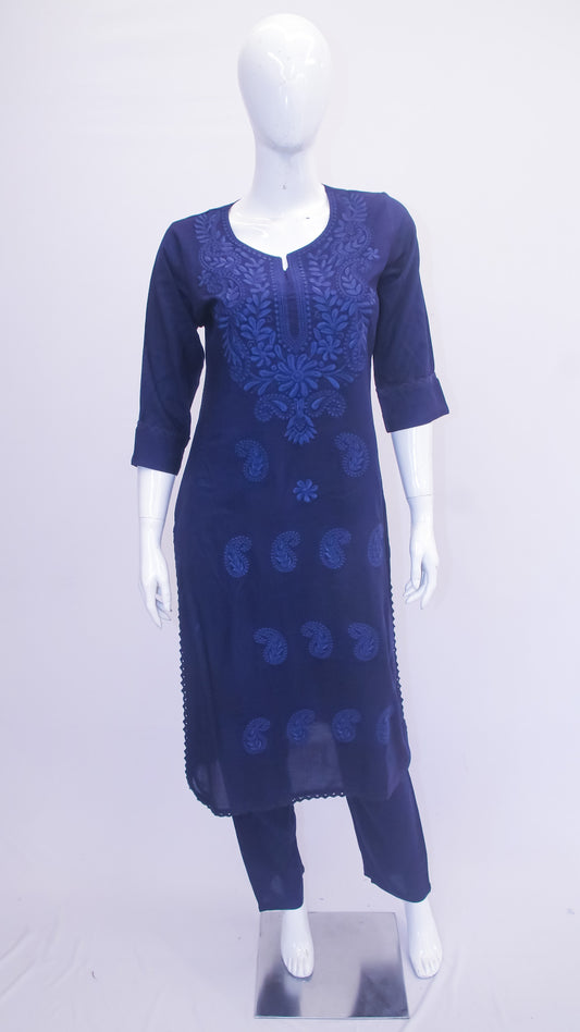 Navy blue embroidered kurta on a mannequin against a white background