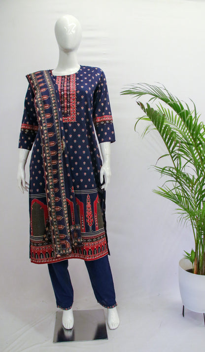 Navy Blue Cotton Dupatta Set