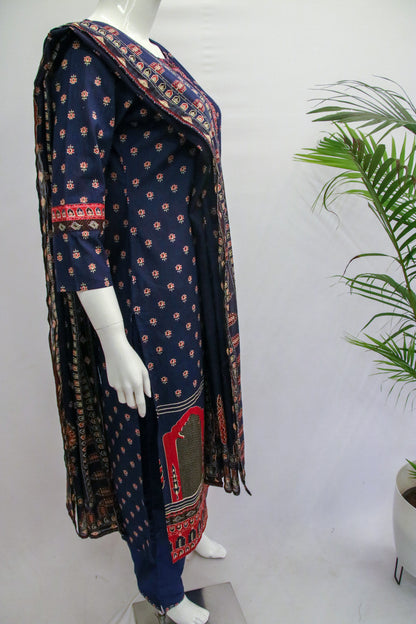 Navy Blue Cotton Dupatta Set