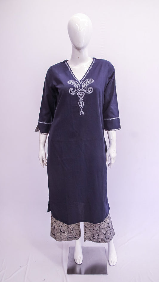 Navy blue embroidered kurta with matching pants on a mannequin against a white background