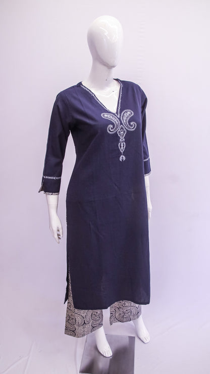Navy blue kurta with white embroidery on a mannequin against a light gray background