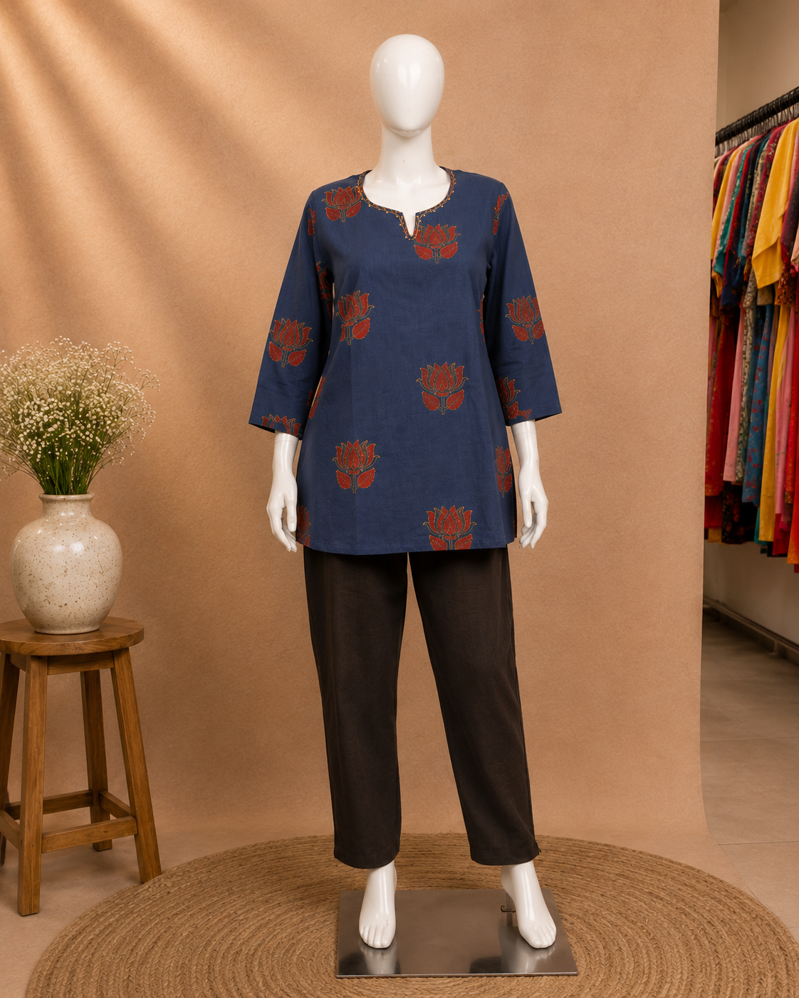 A mannequin wearing a navy blue three-quarter sleeve kurta with red floral motifs and black trousers, displayed against a warm beige studio backdrop with a small wooden stool and vase on the left.