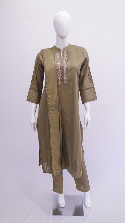 Brown kurta with white embroidery on a mannequin against a white background