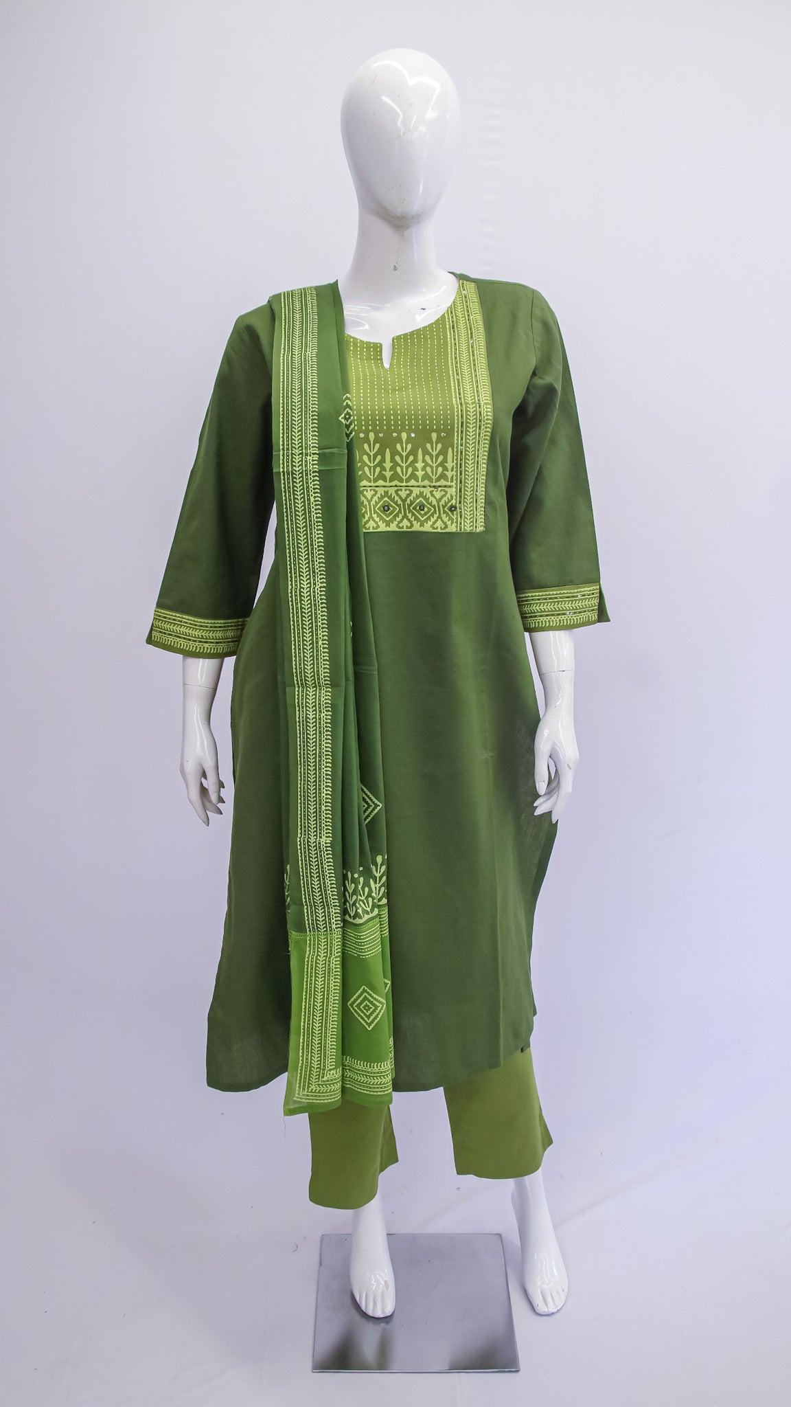 Olive Green Printed Kurta Dupatta Set